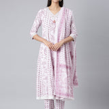 Neerus Lavender Printed Anarkali Kurta and Trousers With Dupatta