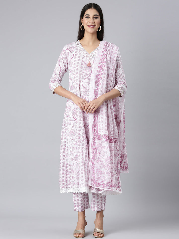 Neerus Lavender Printed Anarkali Kurta and Trousers With Dupatta