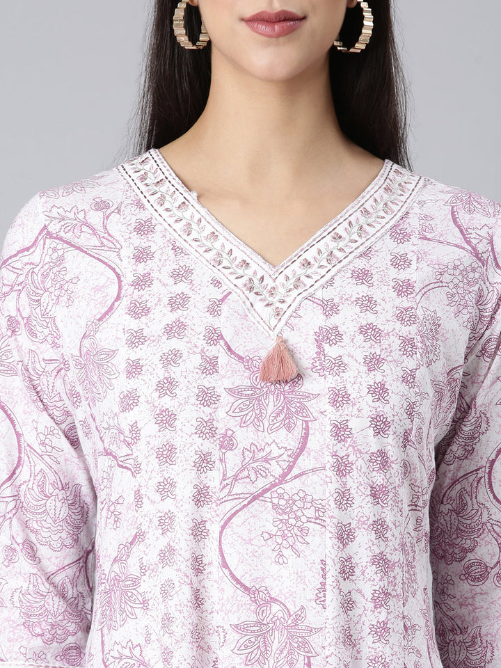Neerus Lavender Printed Anarkali Kurta and Trousers With Dupatta