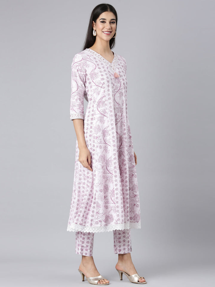 Neerus Lavender Printed Anarkali Kurta and Trousers With Dupatta