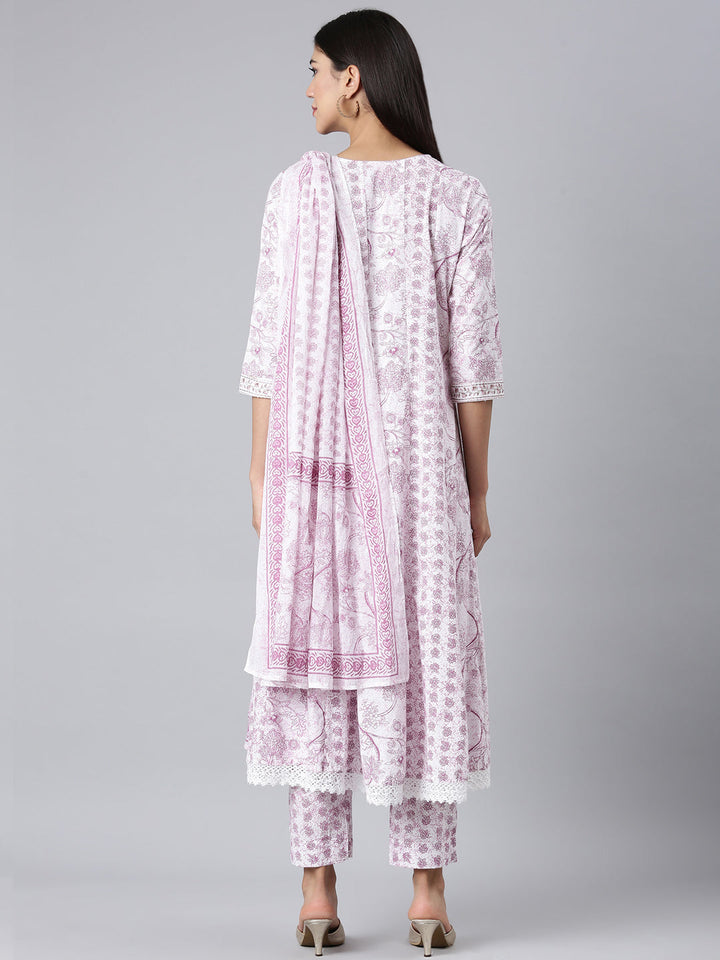 Neerus Lavender Printed Anarkali Kurta and Trousers With Dupatta