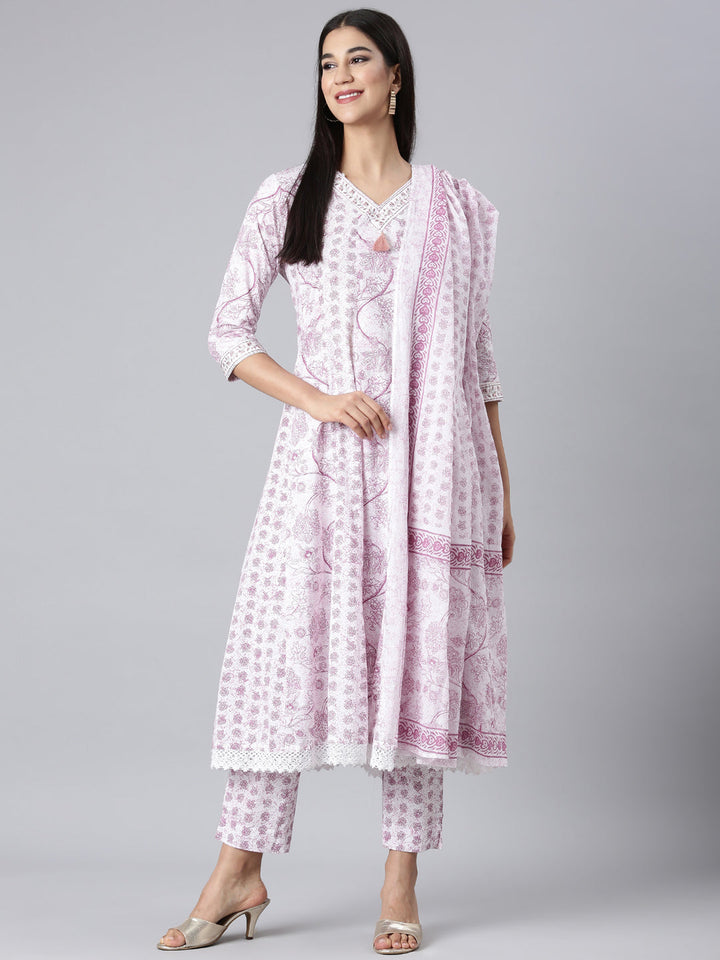 Neerus Lavender Printed Anarkali Kurta and Trousers With Dupatta