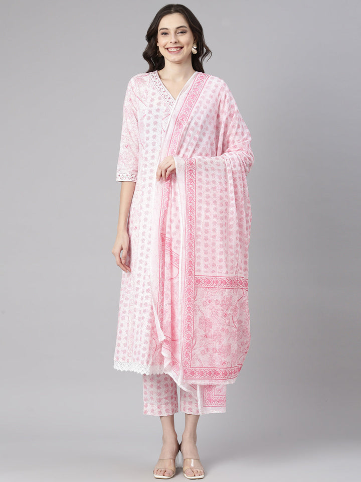 Neerus Pink Printed Anarkali Kurta and Trousers With Dupatta