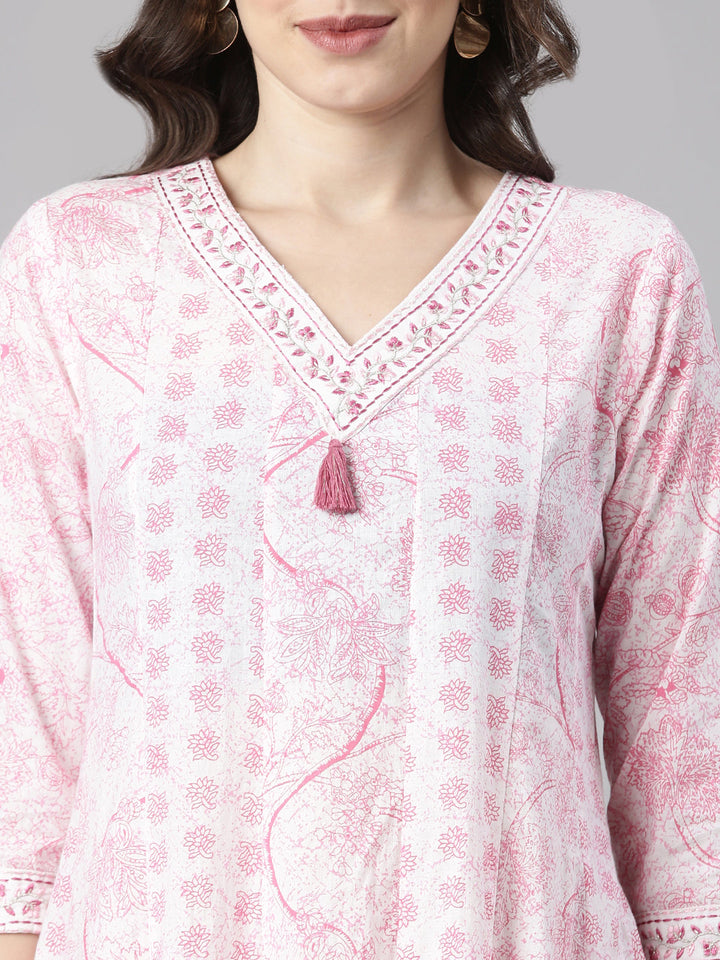 Neerus Pink Printed Anarkali Kurta and Trousers With Dupatta