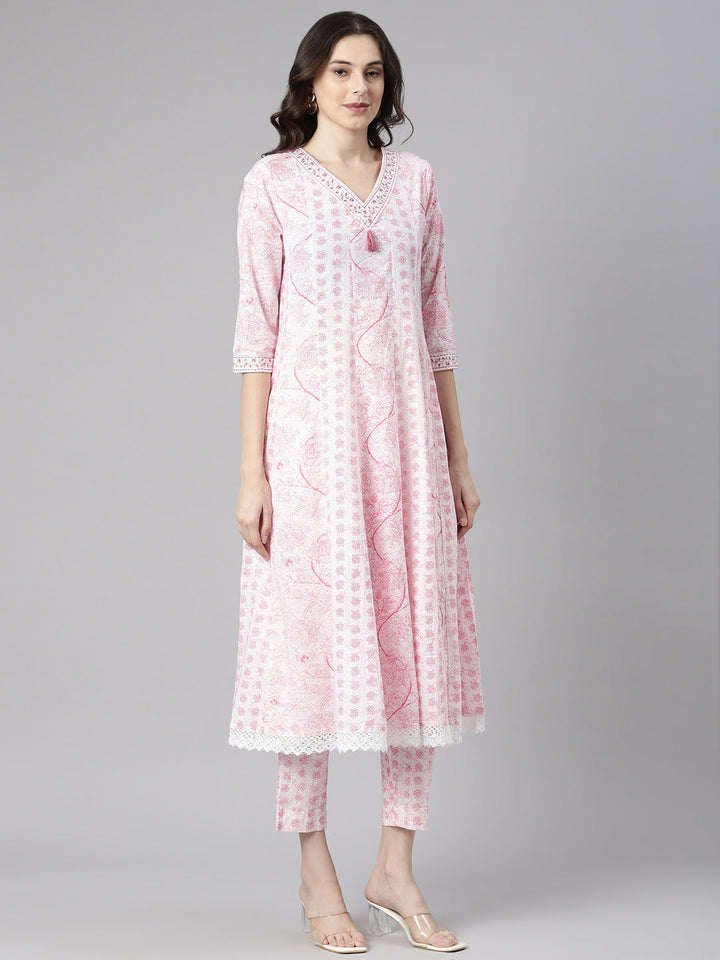Neerus Pink Printed Anarkali Kurta and Trousers With Dupatta