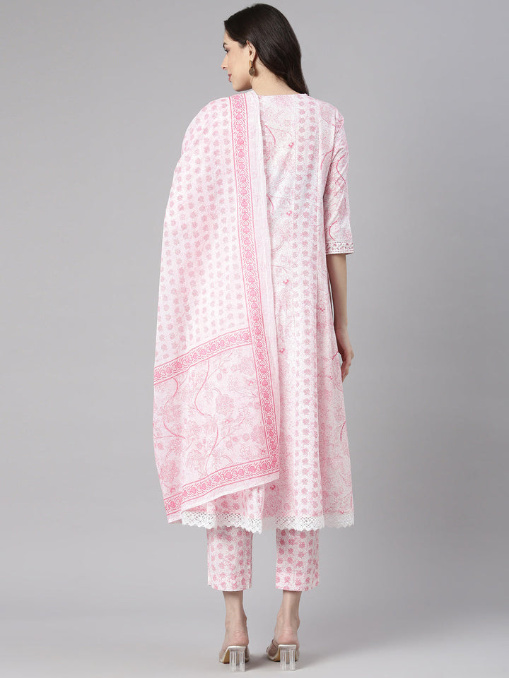 Neerus Pink Printed Anarkali Kurta and Trousers With Dupatta
