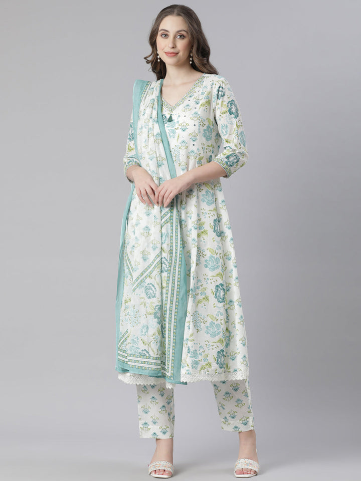 Neerus Green Printed Anarkali Kurta and Trousers With Dupatta