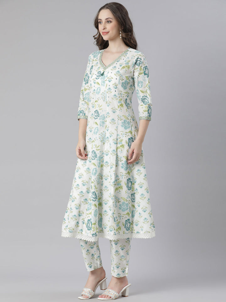 Neerus Green Printed Anarkali Kurta and Trousers With Dupatta