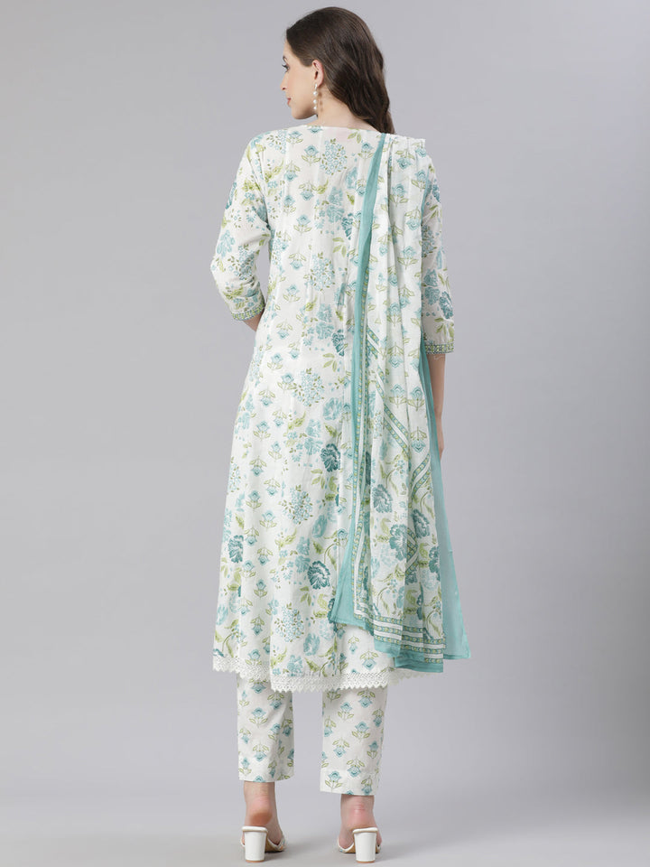 Neerus Green Printed Anarkali Kurta and Trousers With Dupatta