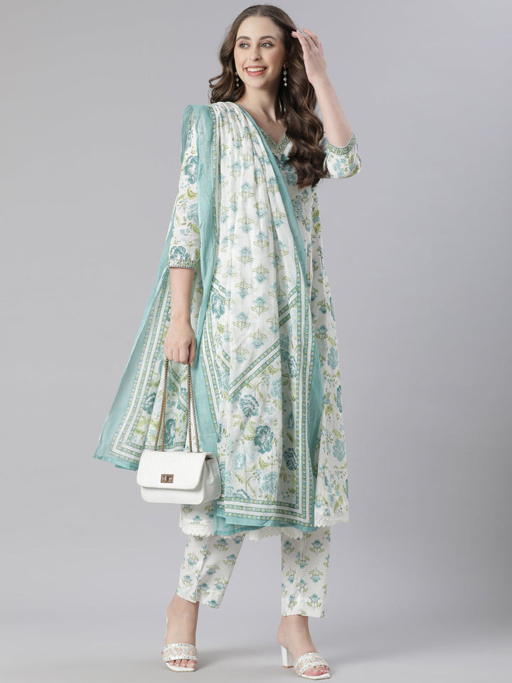 Neerus Green Printed Anarkali Kurta and Trousers With Dupatta