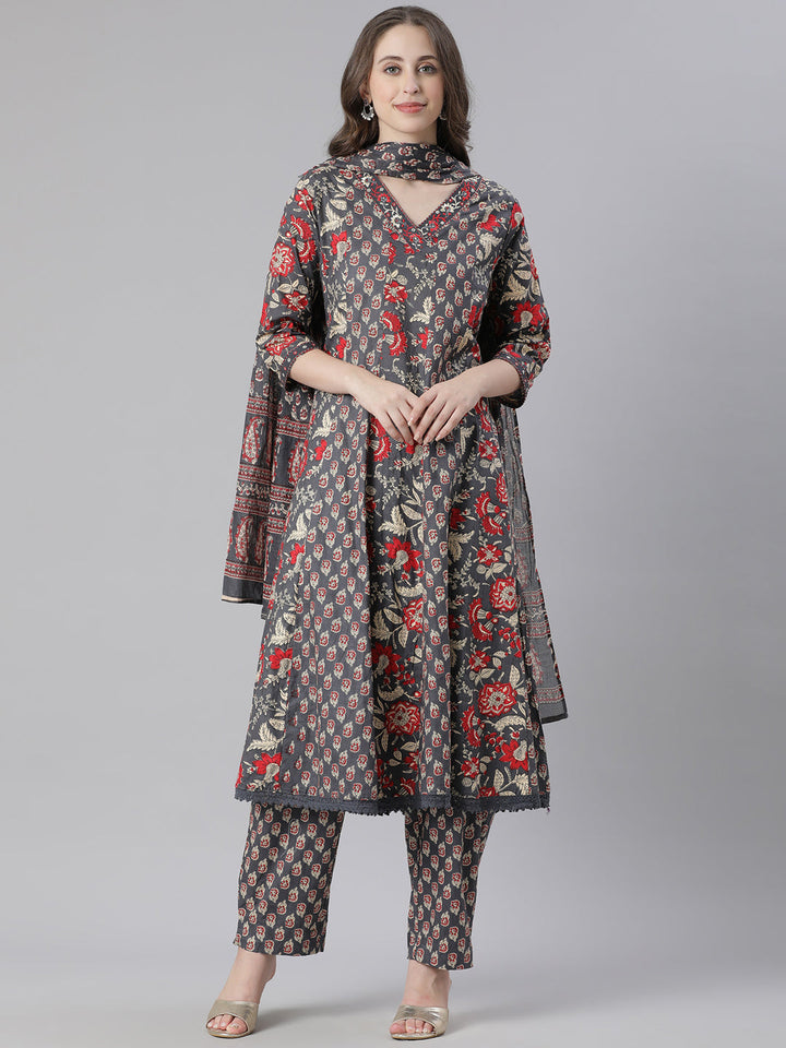 Neerus Grey Printed Anarkali Kurta and Trousers With Dupatta