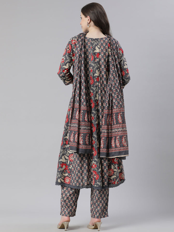 Neerus Grey Printed Anarkali Kurta and Trousers With Dupatta
