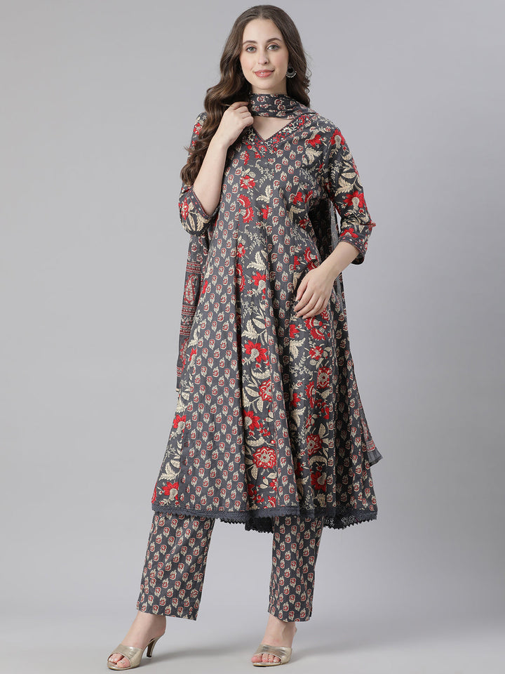Neerus Grey Printed Anarkali Kurta and Trousers With Dupatta