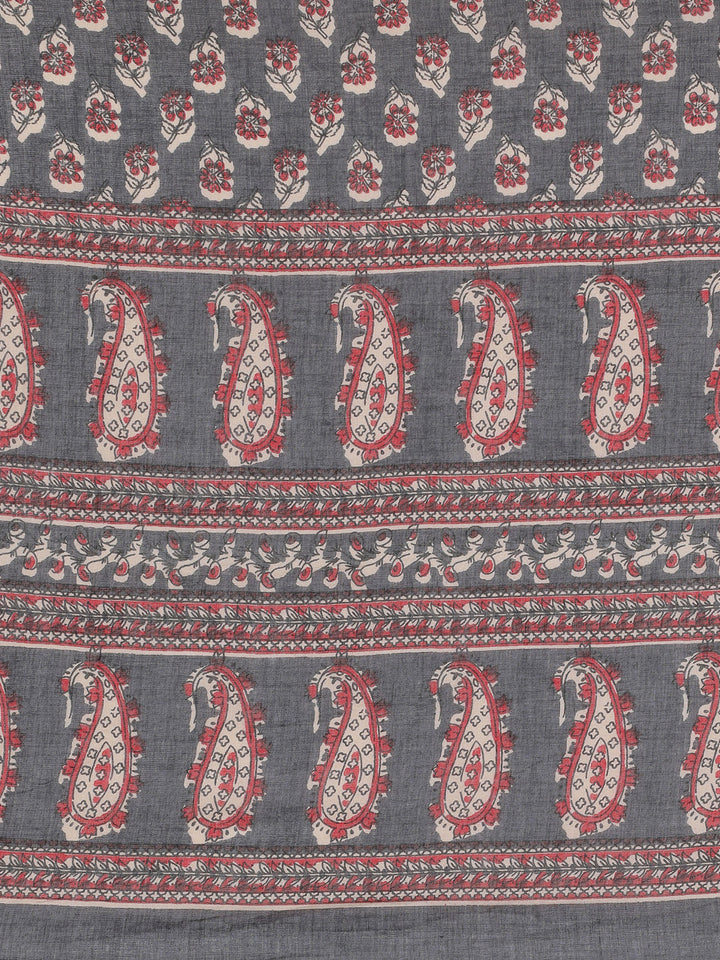 Neerus Grey Printed Anarkali Kurta and Trousers With Dupatta