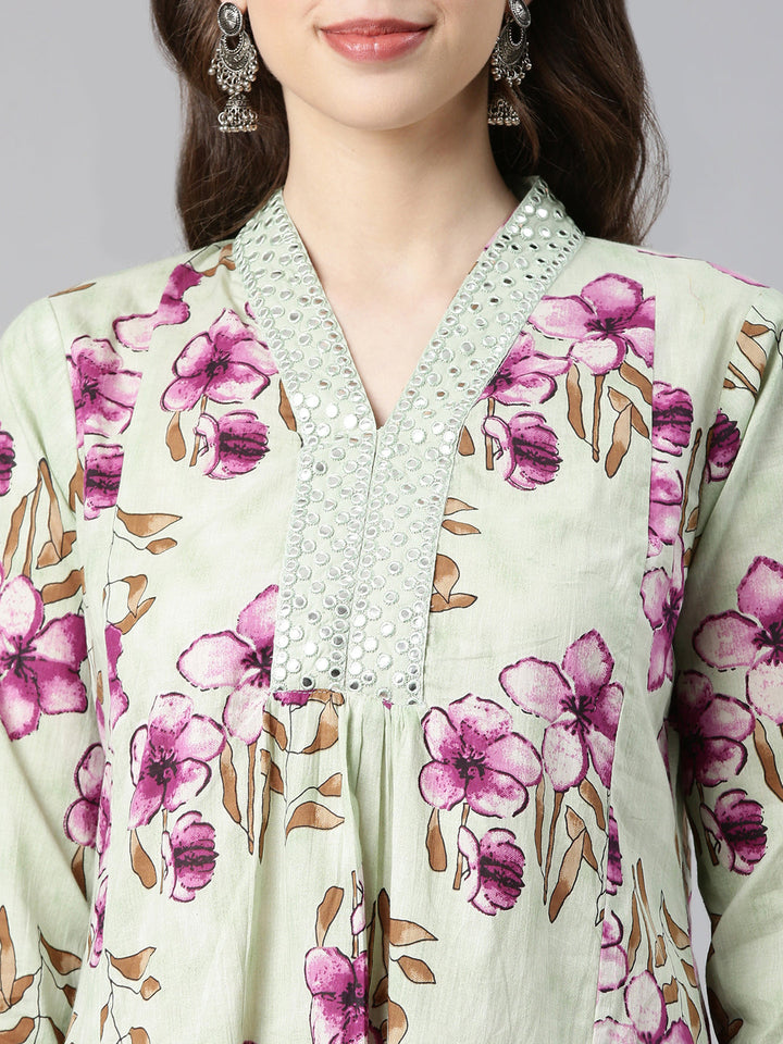 Neerus Pista Printed Anarkali Kurta and Trousers With Dupatta