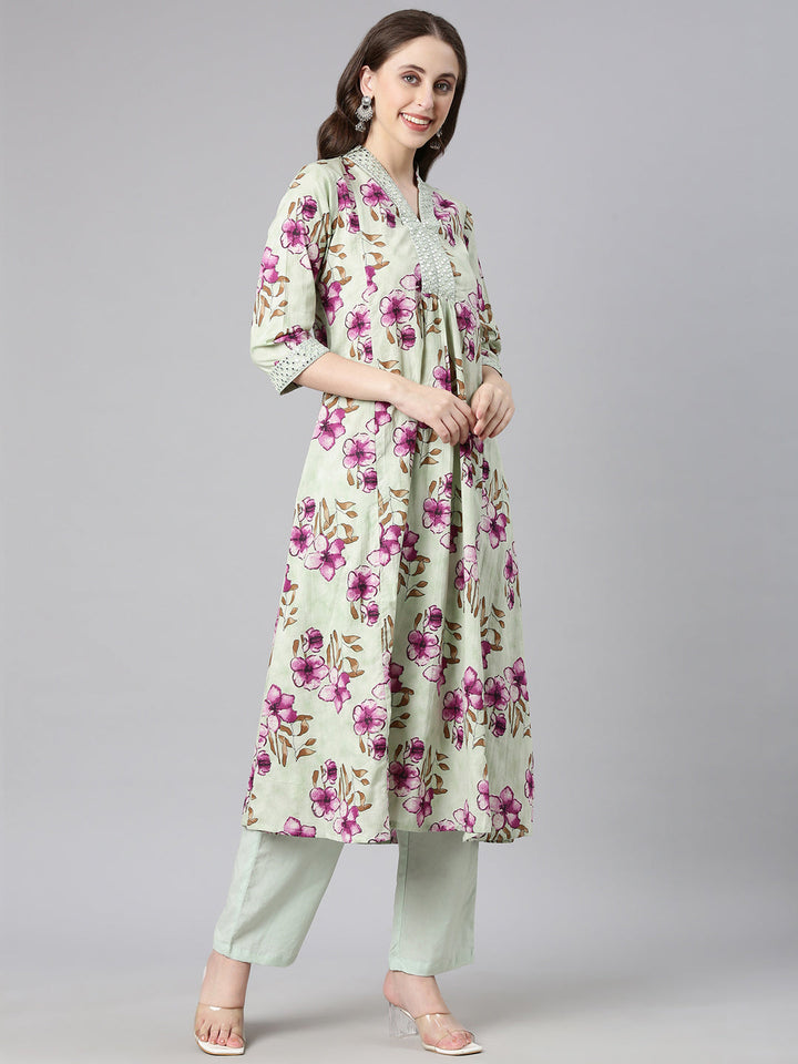 Neerus Pista Printed Anarkali Kurta and Trousers With Dupatta