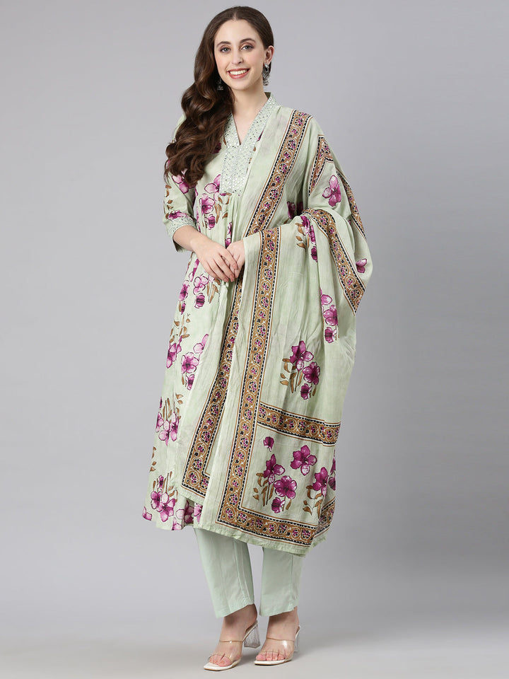 Neerus Pista Printed Anarkali Kurta and Trousers With Dupatta