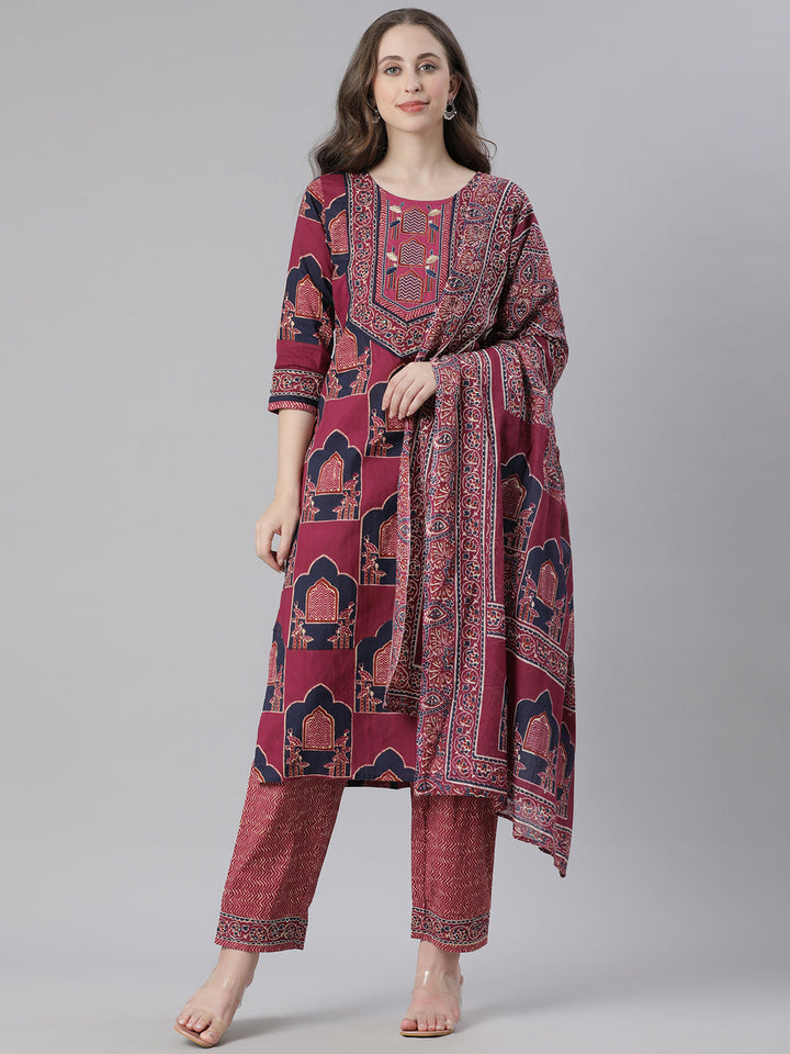Neerus Purple Printed Straight Kurta and Trousers With Dupatta