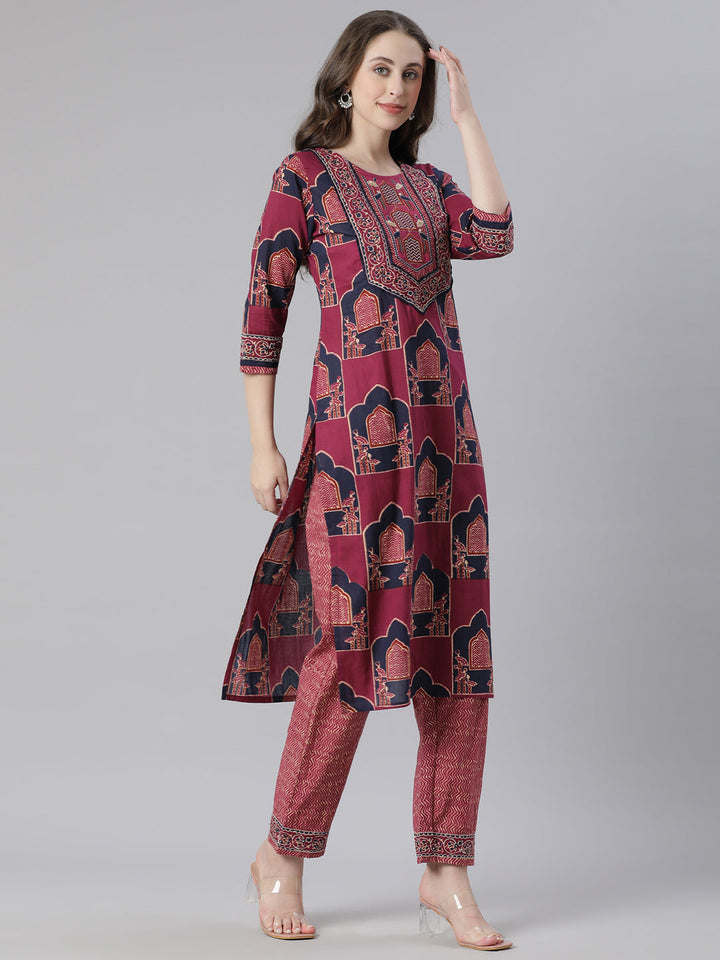 Neerus Purple Printed Straight Kurta and Trousers With Dupatta