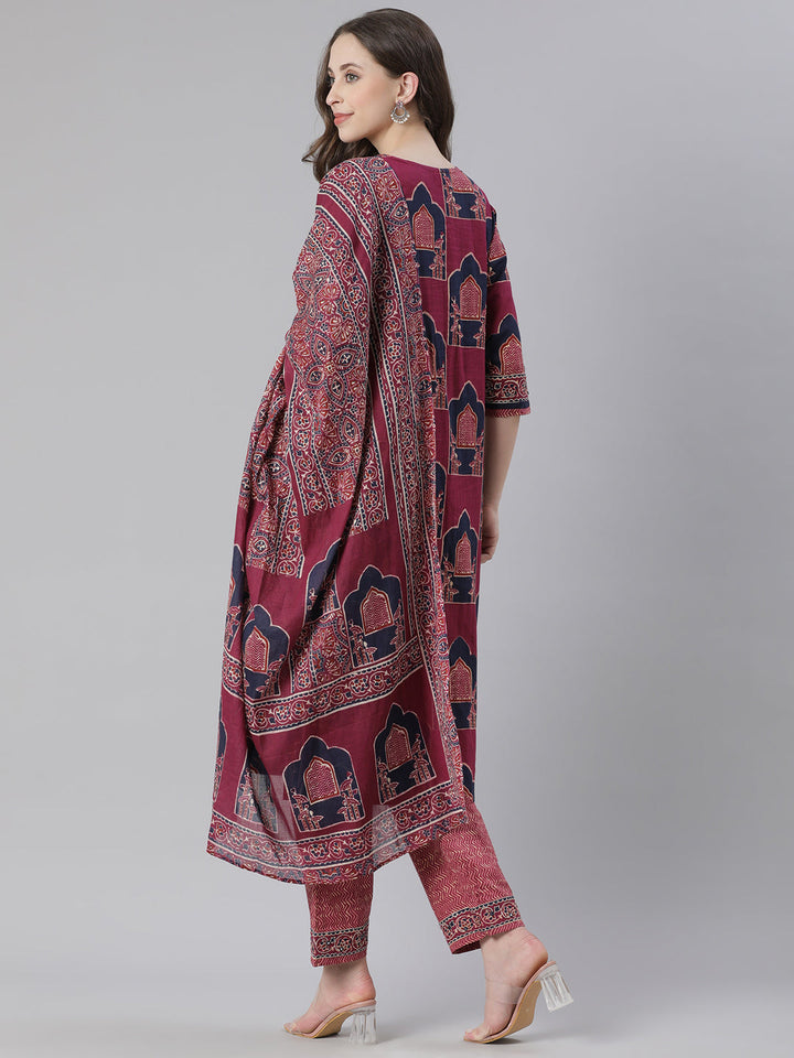Neerus Purple Printed Straight Kurta and Trousers With Dupatta