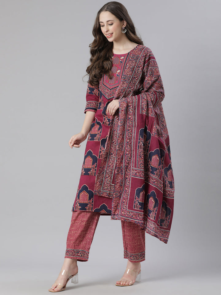 Neerus Purple Printed Straight Kurta and Trousers With Dupatta