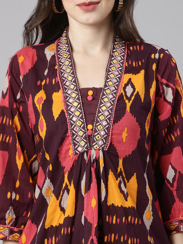 Neerus Red Printed Straight Kurta and Trousers With Dupatta