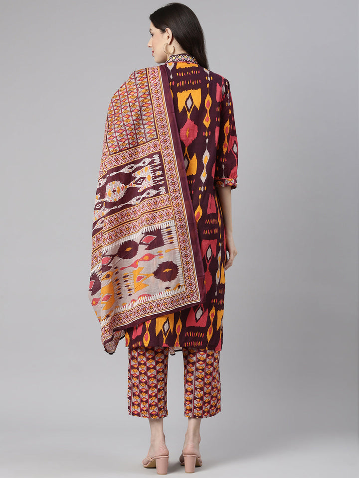 Neerus Red Printed Straight Kurta and Trousers With Dupatta