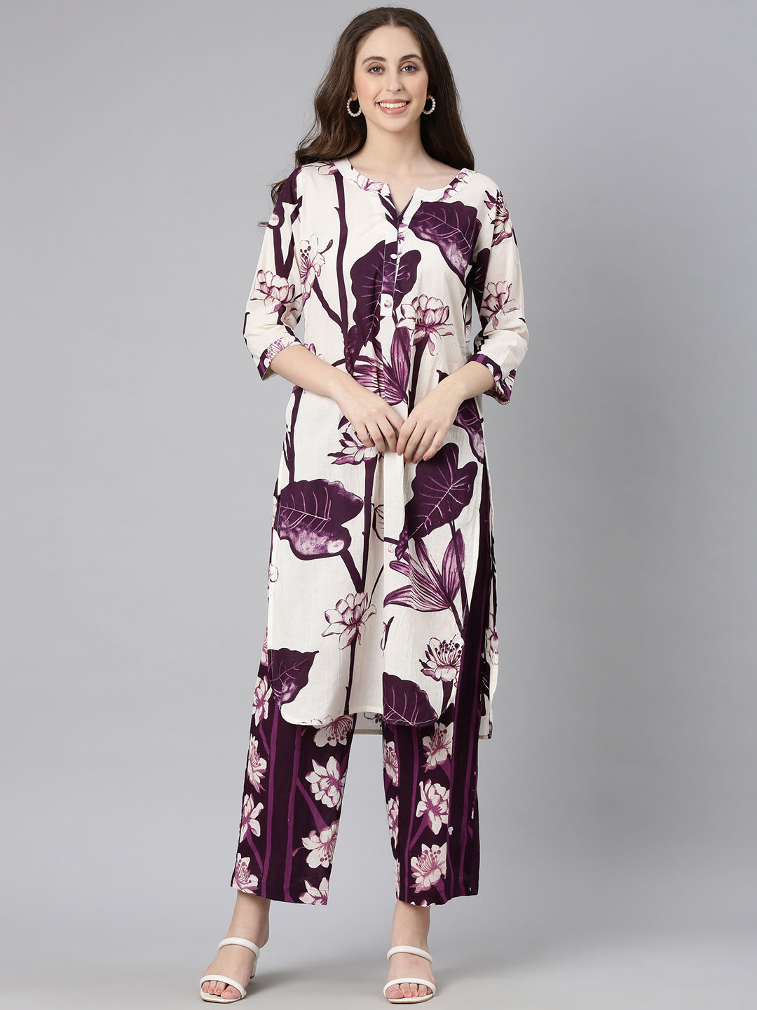 Neerus Purple cotton printed kurta set - front view