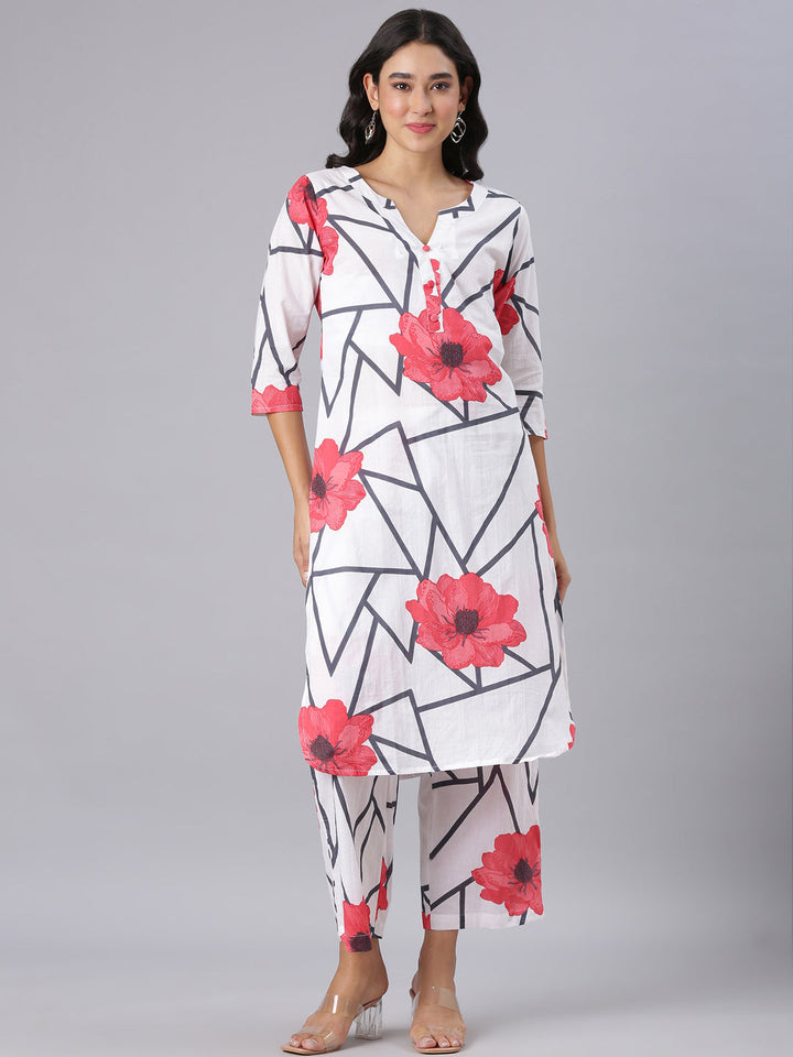 Neerus White Printed Straight Kurta And Trousers