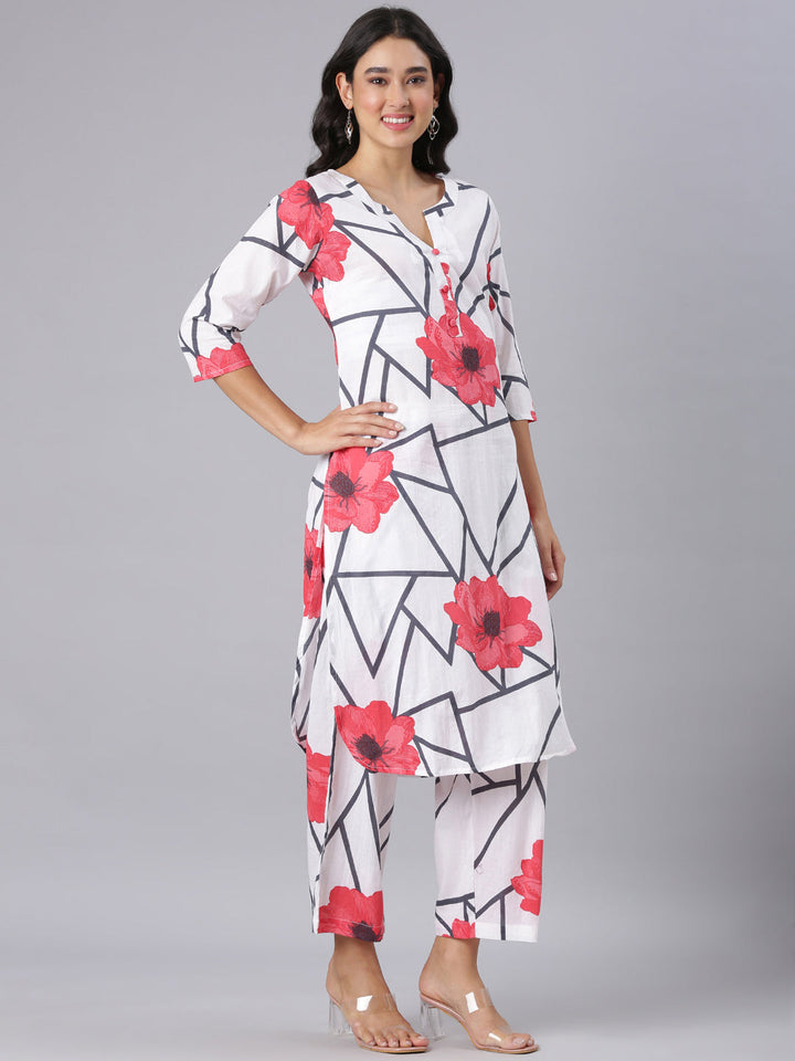 Neerus White Printed Straight Kurta And Trousers
