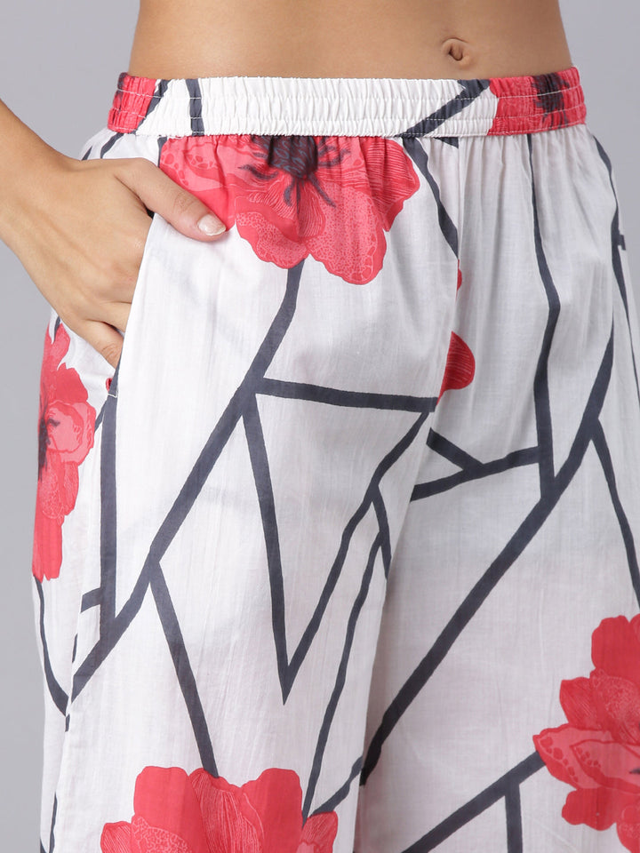 Neerus White Printed Straight Kurta And Trousers