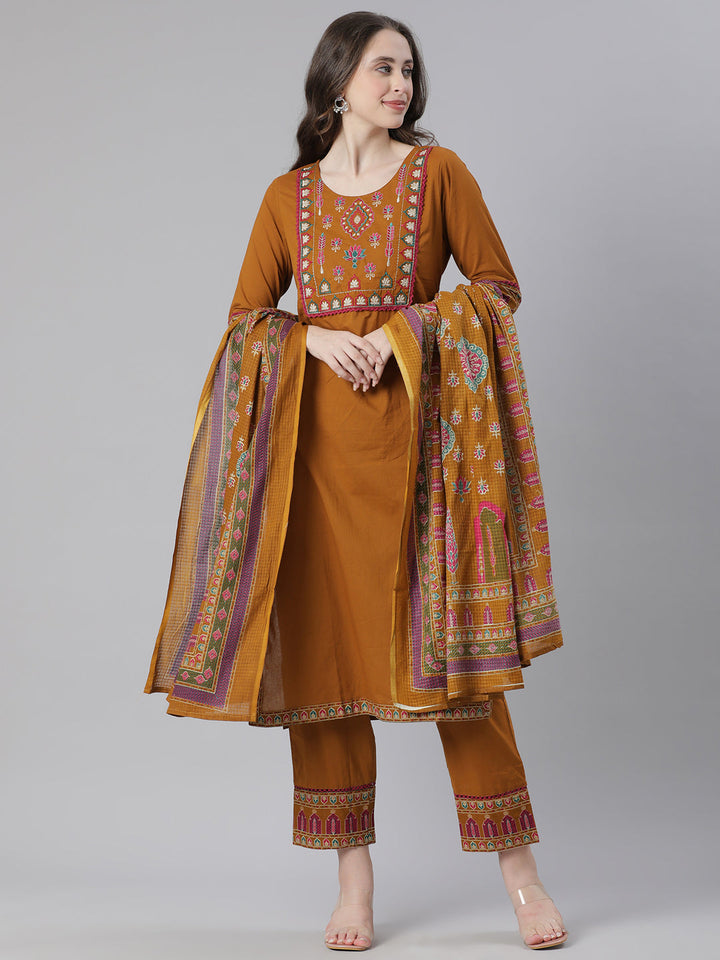 Neerus Gold Solid Straight Kurta and Trousers With Dupatta