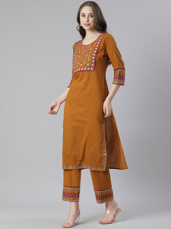Neerus Gold Solid Straight Kurta and Trousers With Dupatta
