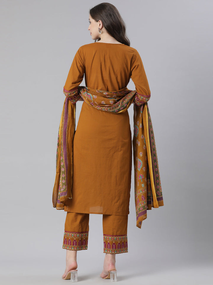 Neerus Gold Solid Straight Kurta and Trousers With Dupatta