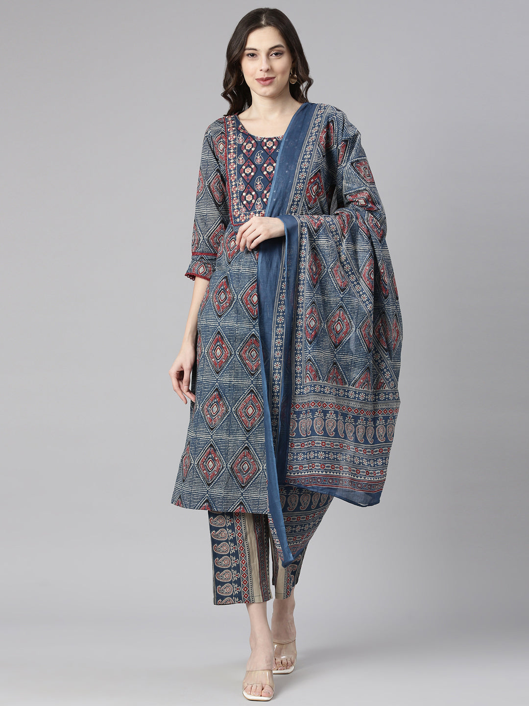 Neerus Blue cotton printed straight suit set - front view