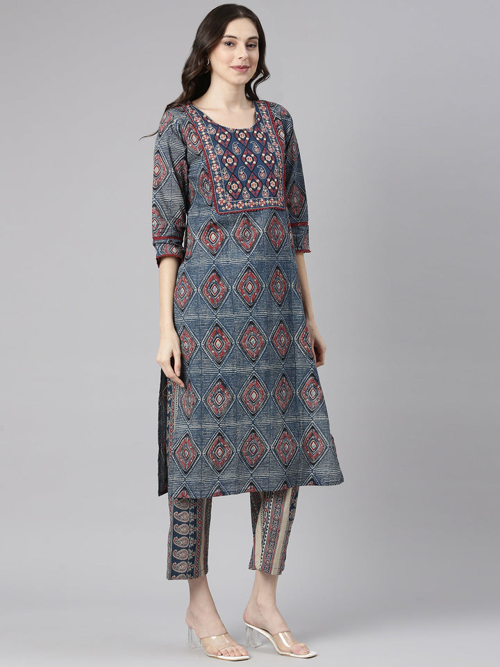 Neerus Blue cotton printed straight suit set - back view