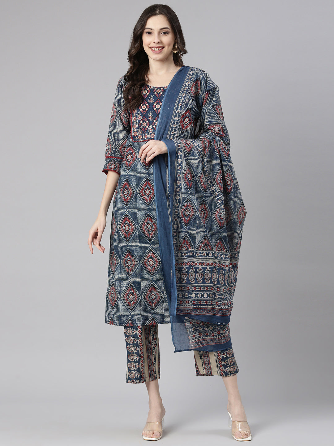 Neerus Blue cotton printed straight suit set - detail view 2