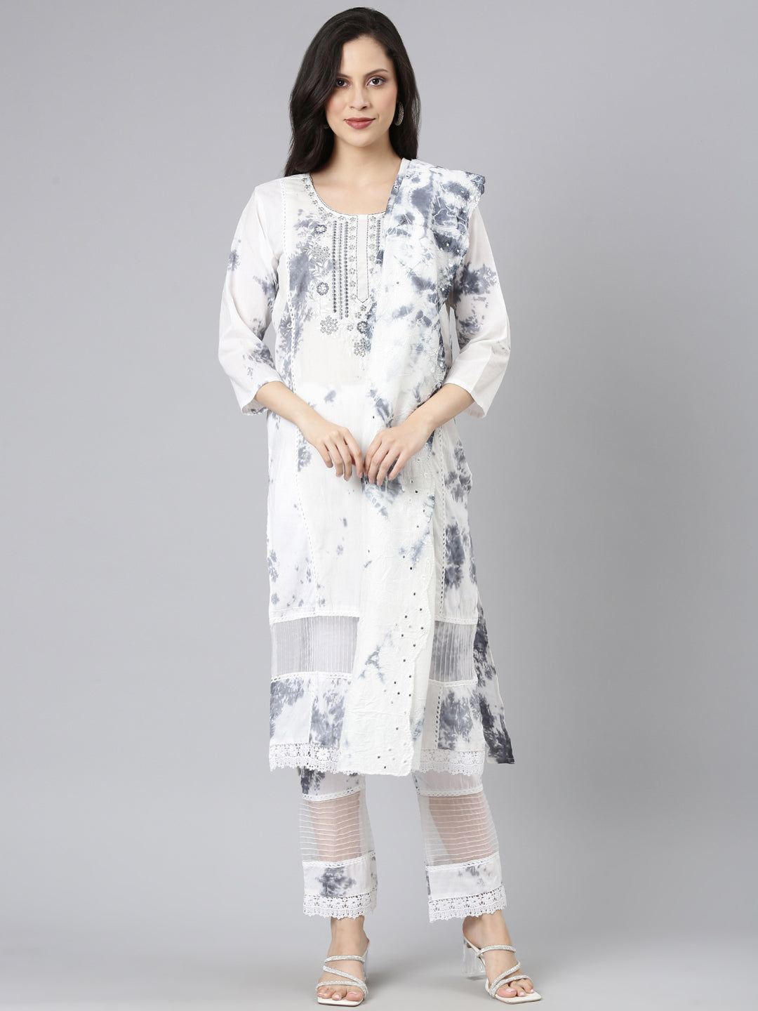 Neerus Grey cotton printed suit set - front view