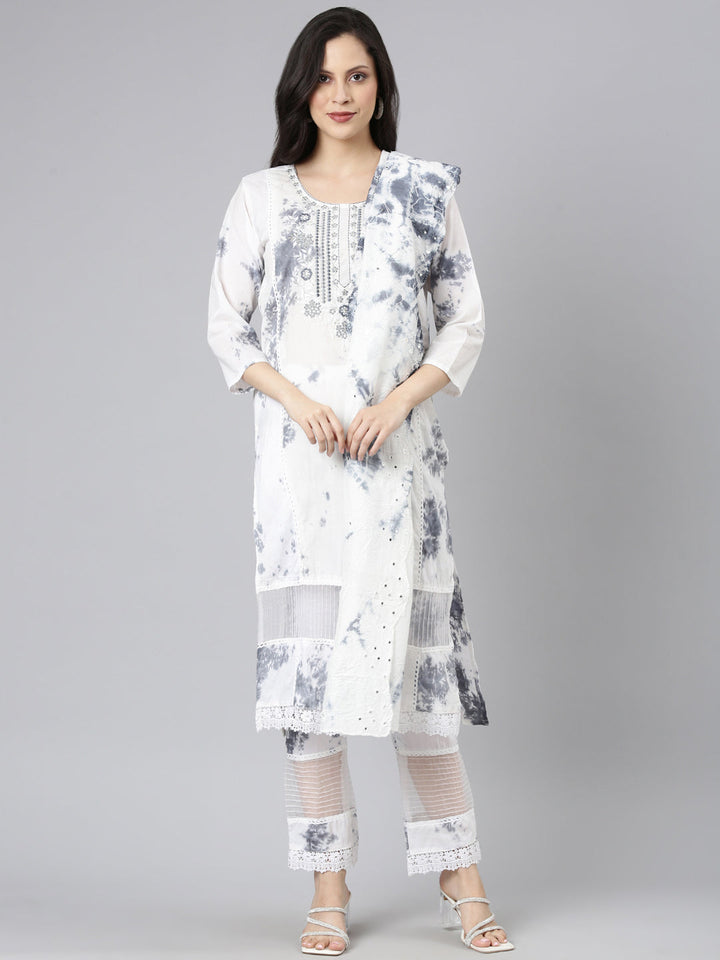 Neerus Grey cotton printed suit set - front view
