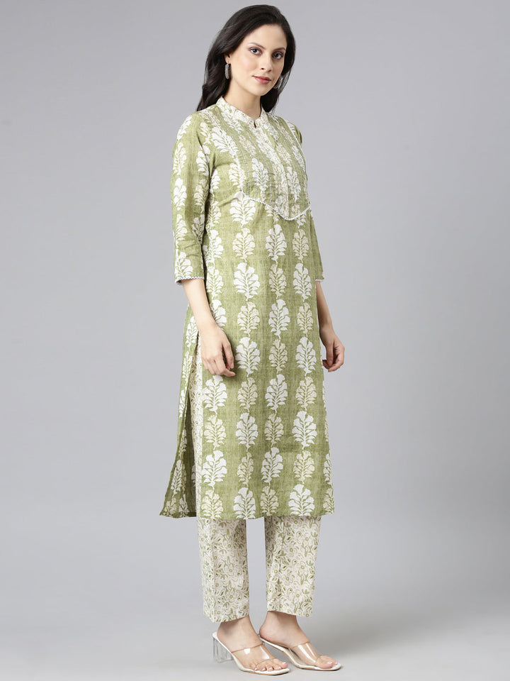 Neerus Green Yoke Design Straight Kurta and Trousers With Dupatta