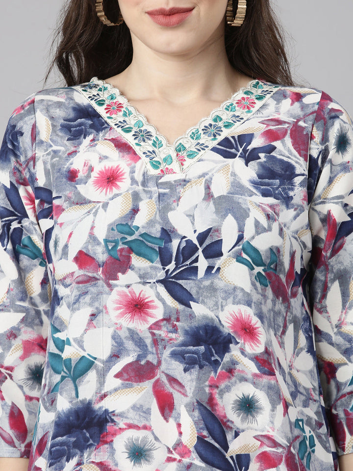 Neerus Multi Printed Straight Kurta and Trousers With Dupatta