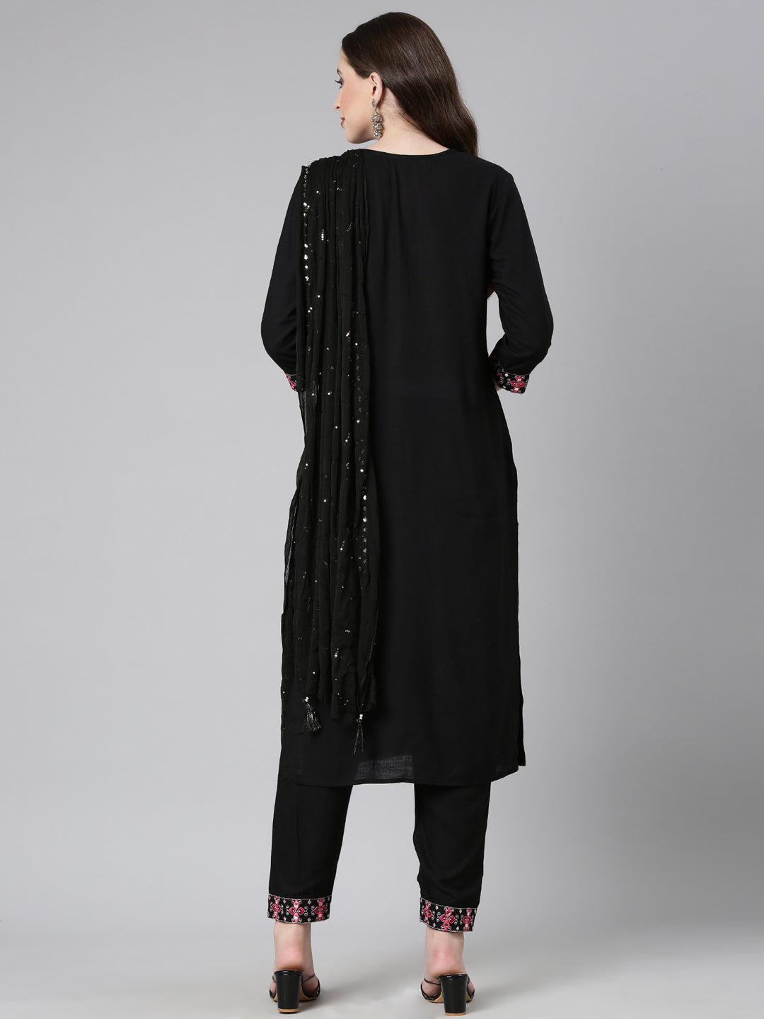 Neerus Black viscose rayon embroidered suit set - side view