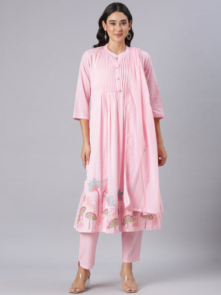 Neerus Pink Embroidered Anarkali Kurta And Trousers With Dupatta
