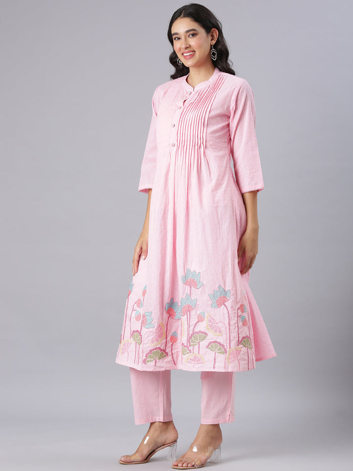 Neerus Pink Embroidered Anarkali Kurta And Trousers With Dupatta