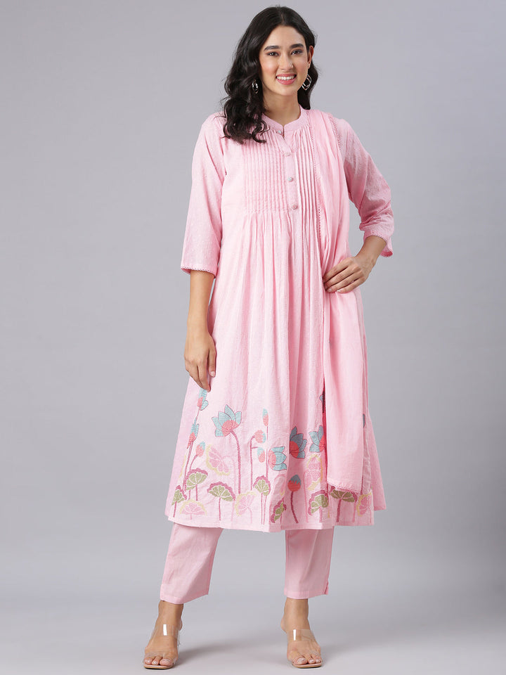 Neerus Pink Embroidered Anarkali Kurta And Trousers With Dupatta