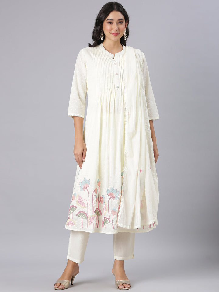 Neerus Cream Embroidered Anarkali Kurta And Trousers With Dupatta