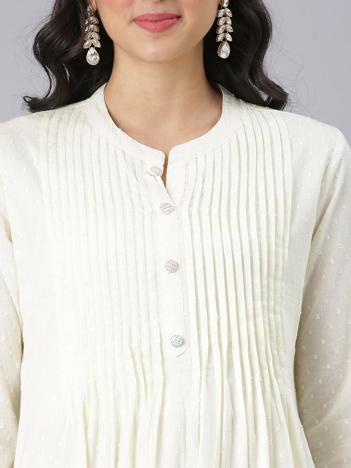 Neerus Cream Embroidered Anarkali Kurta And Trousers With Dupatta