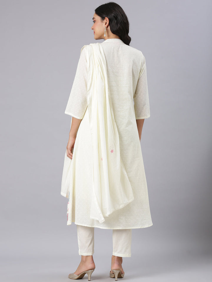 Neerus Cream Embroidered Anarkali Kurta And Trousers With Dupatta