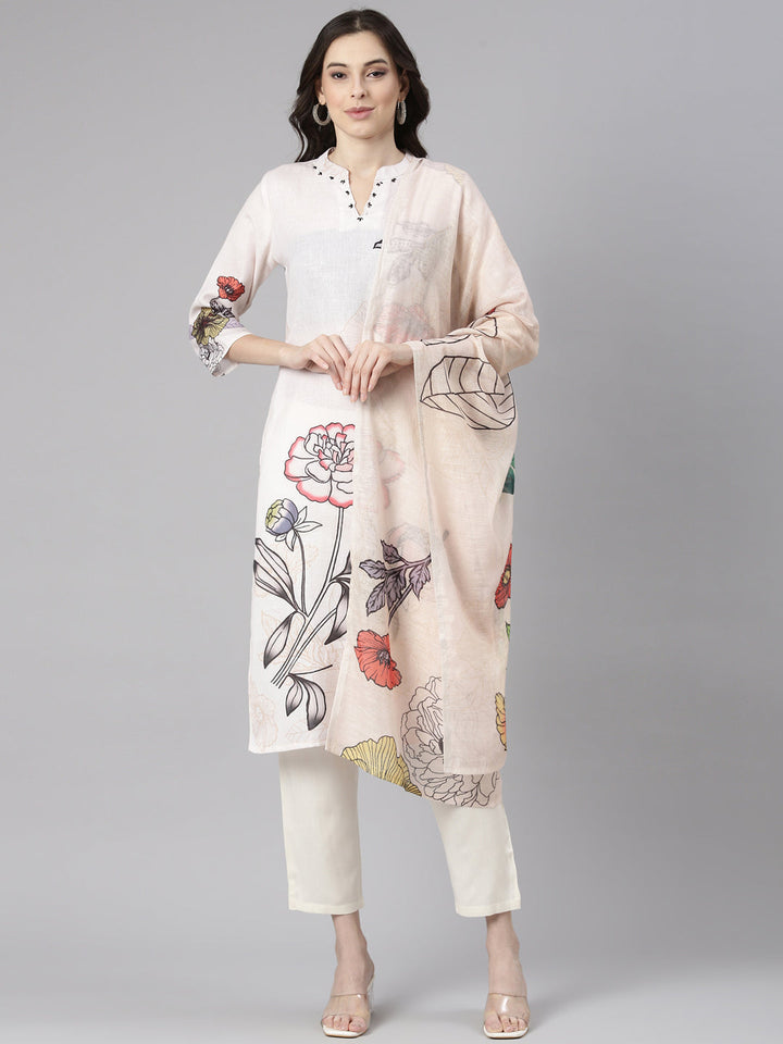 Neerus Cream Printed Straight Kurta and Trousers With Dupatta