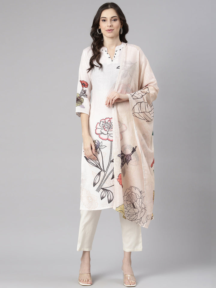 Neerus Cream Printed Straight Kurta and Trousers With Dupatta